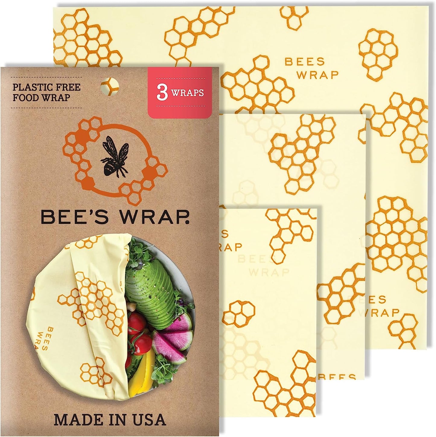 Reusable Beeswax Food Wraps Made in the USA, Eco Friendly Beeswax Food Wrap, Sustainable Food Storage Containers, Organic Cotton Food Wraps, Assorted 3 Pack (S, M, L), Honeycomb Pattern