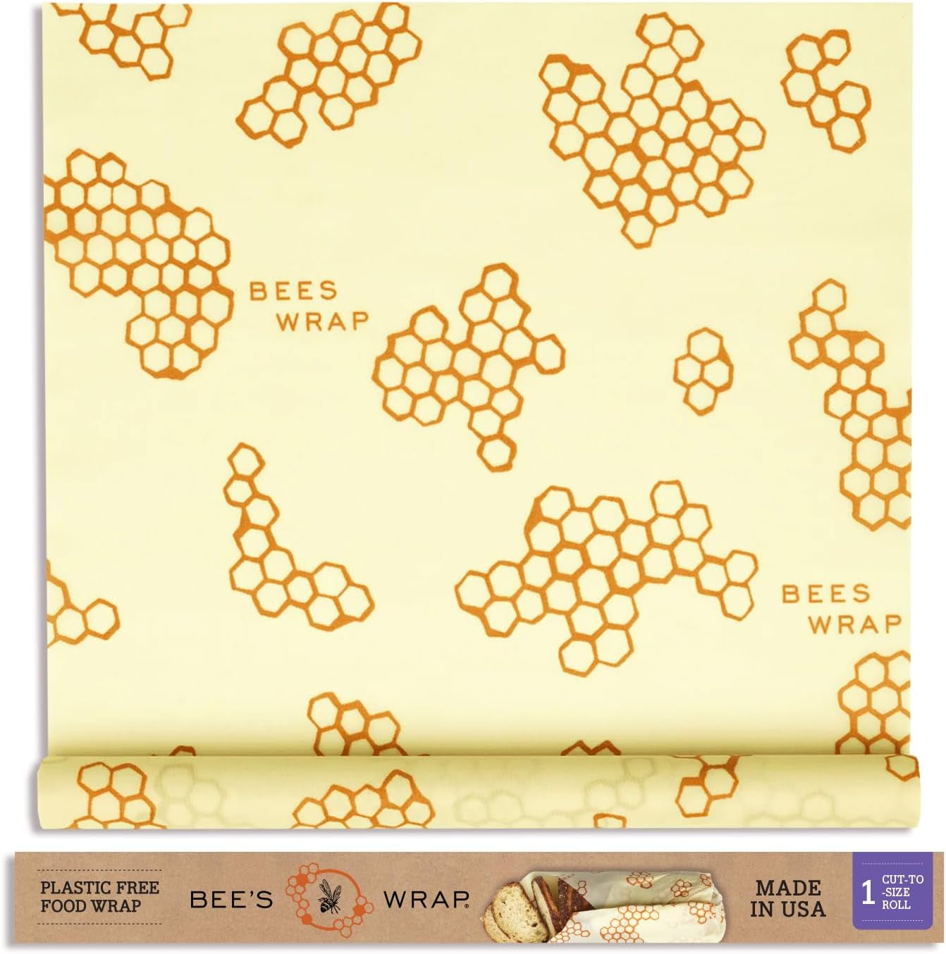 Reusable Beeswax Food Wraps Made in the USA, Eco Friendly Beeswax Food Wrap, Sustainable Food Storage Containers, Organic Cotton Food Wrap, XXL Cut to Size Wax Paper Roll, Honeycomb Pattern